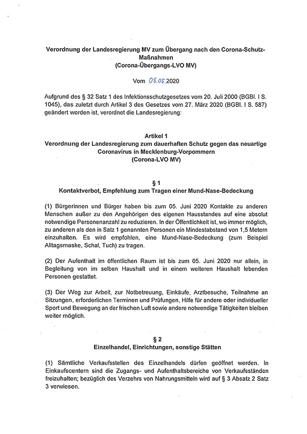 01Verordnung der Landesregierung MV zum Übergang nach den Corona Schutz Maßnahmen Corona Übergangs LVO MV vom 08.05.2020 Original mit Unterschriften 1 1