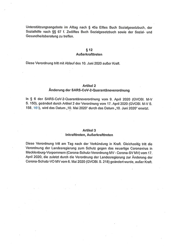 02Verordnung der Landesregierung MV zum Übergang nach den Corona Schutz Maßnahmen Corona Übergangs LVO MV vom 08.05.2020 Original mit Unterschriften 1 15